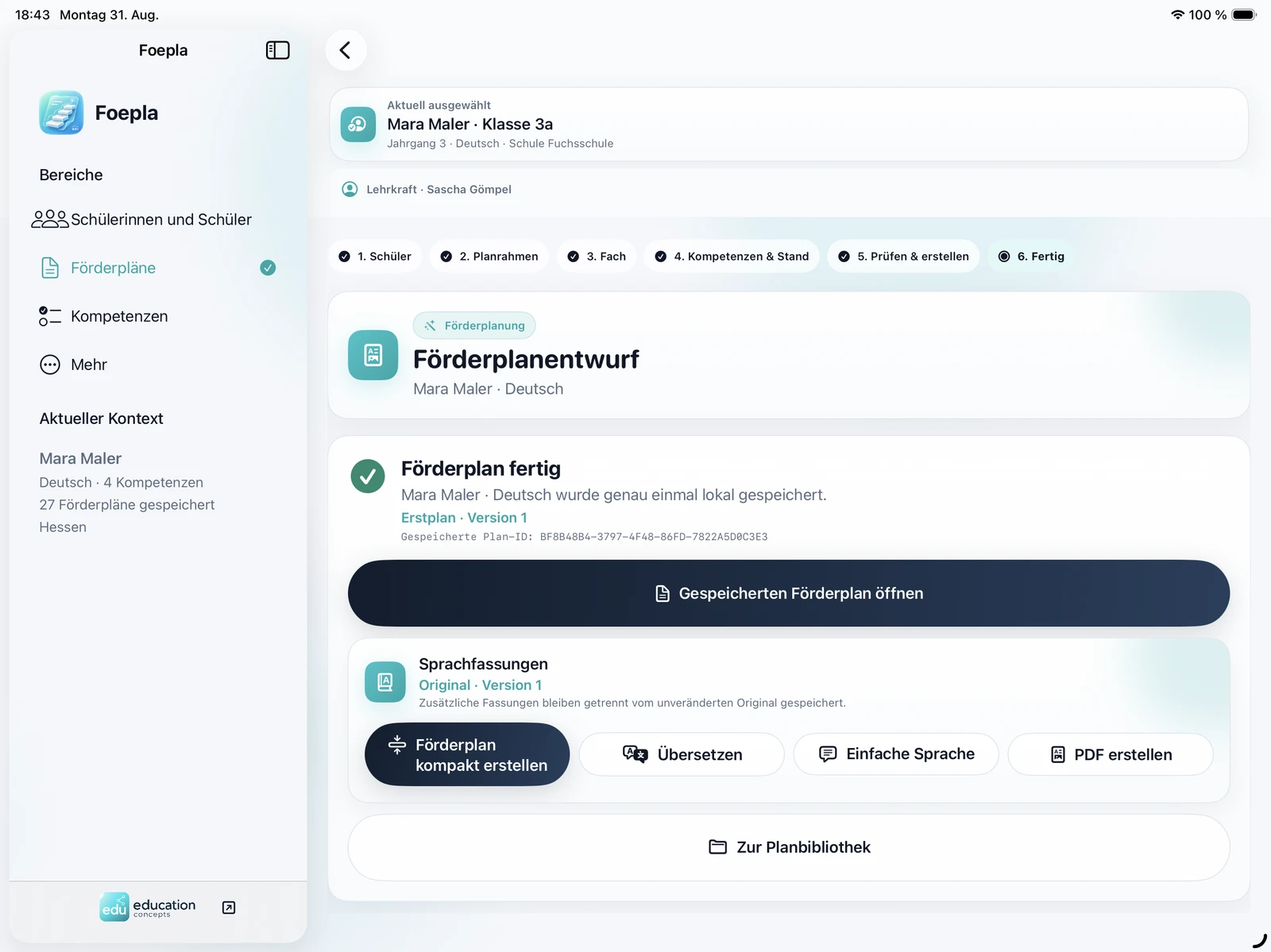 Foepla: Förderplan fertig und lokal gespeichert für die synthetische Testperson Mara Maler; gespeicherten Plan öffnen, Sprachfassungen und PDF erstellen.